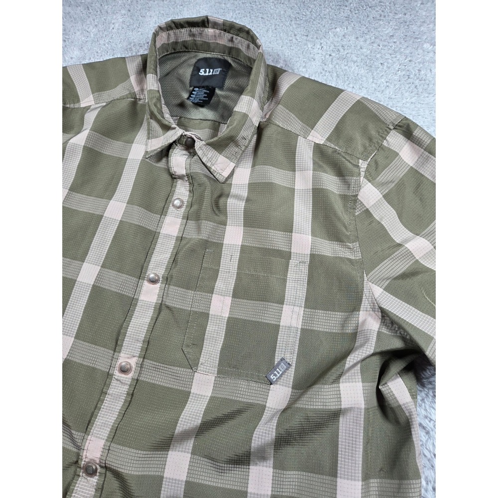 5.11 Tactical Button Up Shirt Large Green Mens Plaid Short Sleeve Ripstop Snap